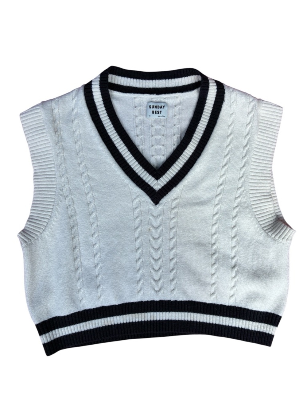 V neck cream and blue wool blend cable knit sweater vest Sunday Best size XS